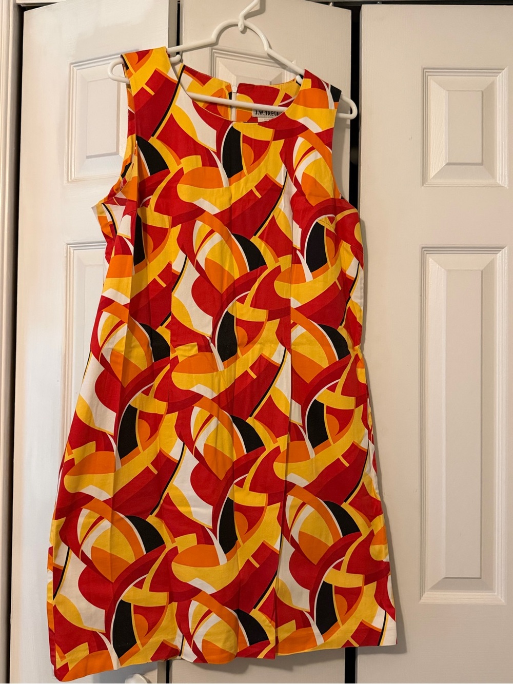 Vintage Sleeveless Retro Print Shift Dress in Red, Orange, Black, & Yellow